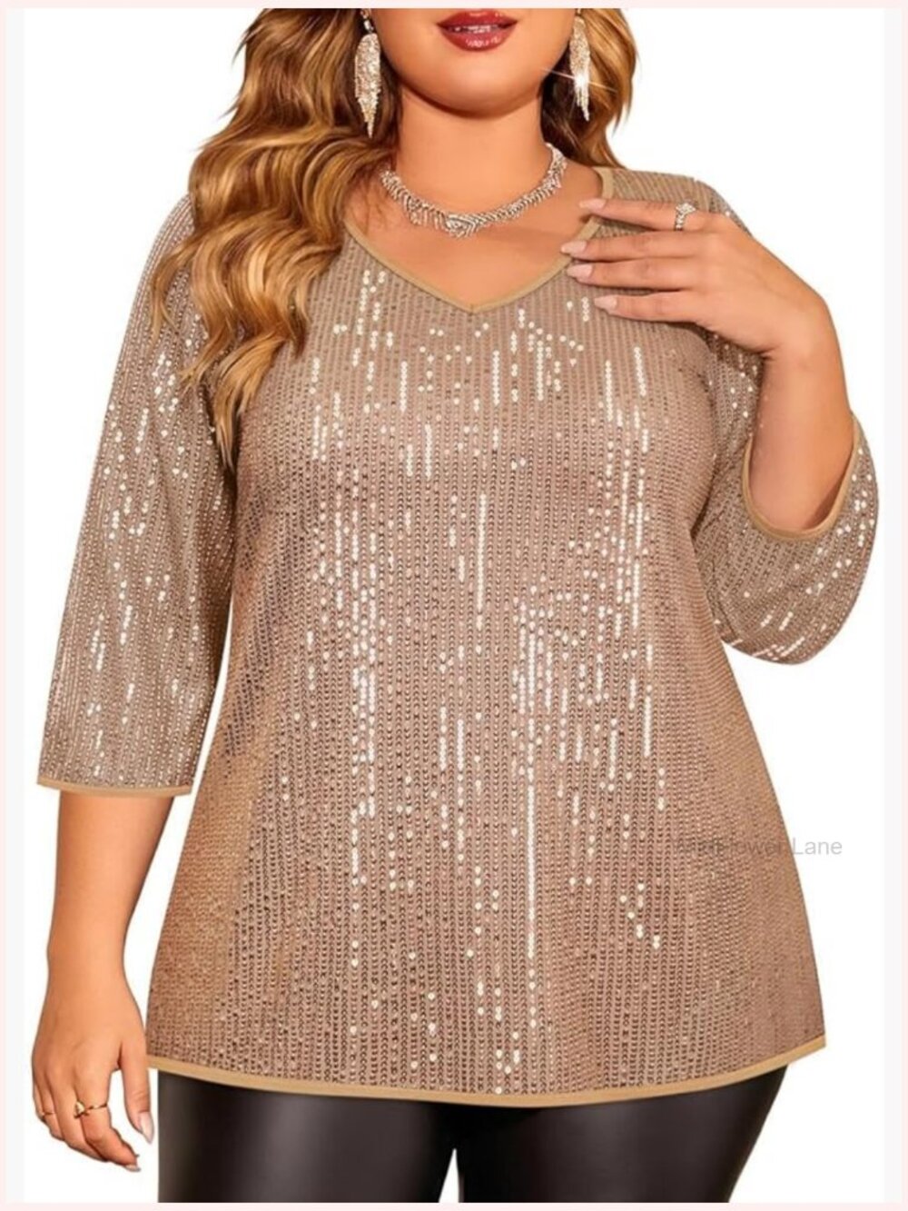 Plus Size Sequin Top 3/4 Sleeve V-Neck Sparkly Party Tunic Blouse
